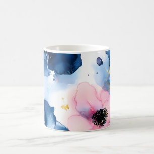 Navy Blau Blush Rosa Gold Aquarell Blumen Kaffeetasse