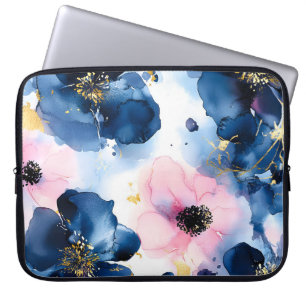 Navy Blau Blush Rosa Gold Aquarell Blumen Laptopschutzhülle