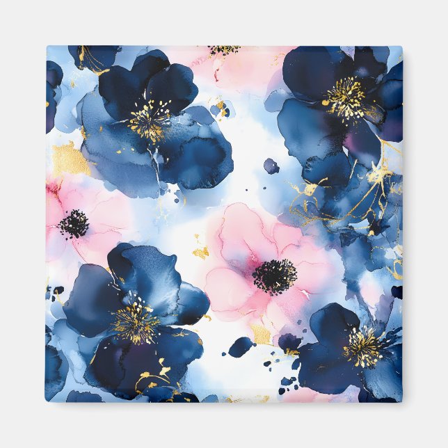 Navy Blau Blush Rosa Gold Aquarell Blumen Magnet (Vorne)