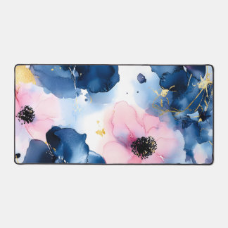 Navy Blau Blush Rosa Gold Wasserfarben-Blumen Schreibtischunterlage