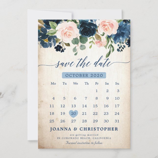 Navy Blau Blush Rosa Rose Botanisch Save the Date (Vorderseite)