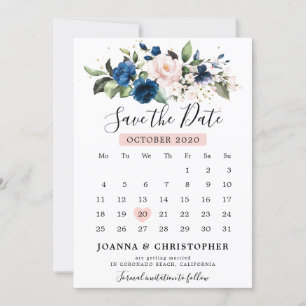 Navy Blau Blush Rosa Rose Floral Kalender Save The Date