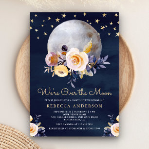 Navy Blau Boho Erdige Floral Mond Baby Shower Einladung