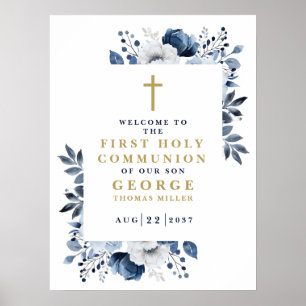 Navy Blau Boho Floral Erstkommunion Willkommenssch Poster