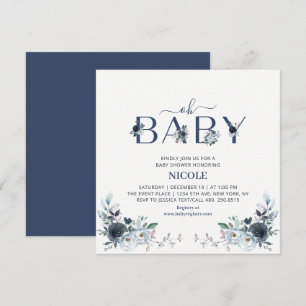 Navy Blau Boho Floral Jungen Baby Shower Quadratis Einladung