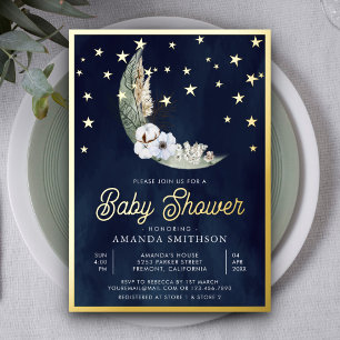 Navy Blau Boho Floral Mond Sterne Baby Shower Gold Folieneinladung