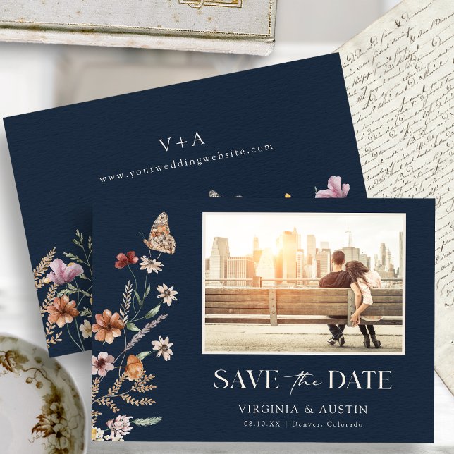 Navy Blau Boho Foto Save The Date (Navy Blue Autumn Boho Photo Save The Date Monogrammed on Back with Butterfly by Painted Paperie
)
