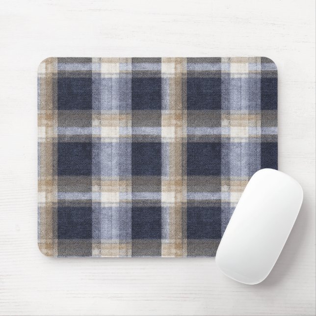 Navy Blau Braun Creme Kariert Gestreift Mousepad (Mit Mouse)
