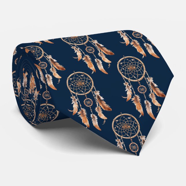 Navy Blau Brauner Traumfänger Native American Krawatte (Gerollt)