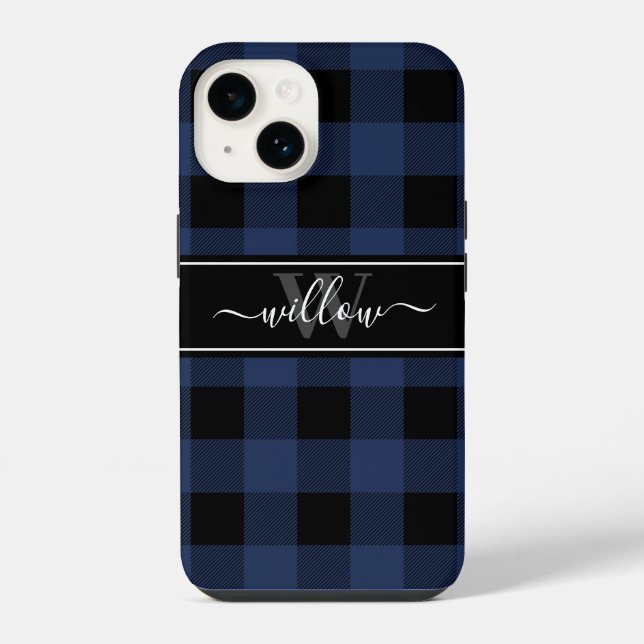Navy-Blau-Buffalo-Karomuster-Name-Monogramm iPhone Hülle (Rückseite)