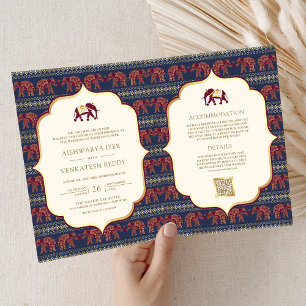 Navy Blau Burgund Gold Elefant Indische Hochzeit Einladung