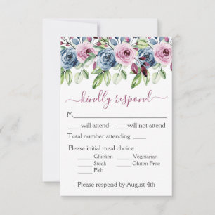 Navy Blau Burgunder Florale Hochzeit RSVP Karte