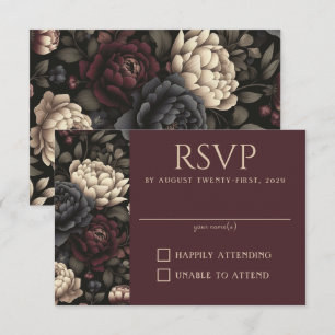 Navy Blau & Burgunder Rot Moody Floral RSVP Karte