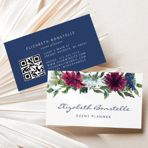 Navy Blau Burgunderrot Wasserfarben-Blumen QR-Code Visitenkarte