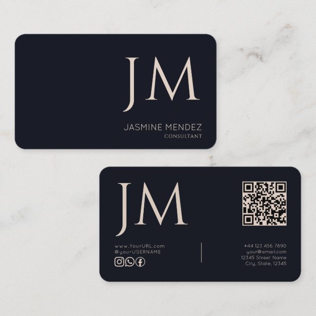 Navy Blau Cream Monogramm QR-Code Modern  Visitenkarte (Vorne/Hinten)