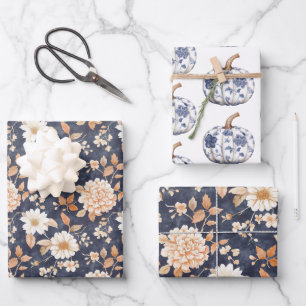 Navy Blau Creme Pfirsich Blumen-Kürbisse Geburtsta Geschenkpapier Set