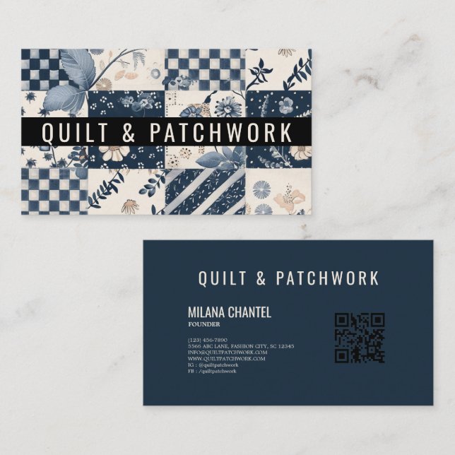 Navy Blau Creme Quilt Patchwork Handmade Kleidung  Visitenkarte (Vorne/Hinten)