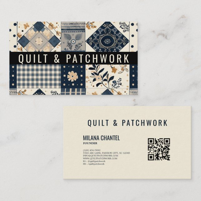 Navy Blau Creme Quilt Patchwork Handmade Kleidung  Visitenkarte (Vorne/Hinten)