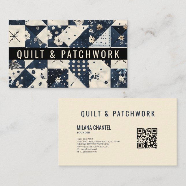 Navy Blau Creme Quilt Patchwork Handmade Kleidung  Visitenkarte (Vorne/Hinten)