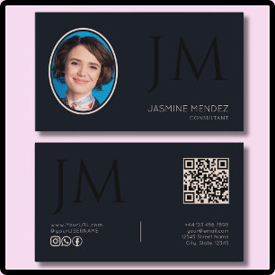 Navy Blau Creme Schwarz Foto Monogramm QR Modern Visitenkarte