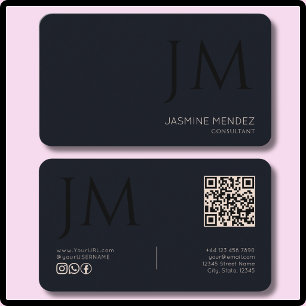 Navy Blau Creme Schwarz Monogramm QR-Code Modern Visitenkarte