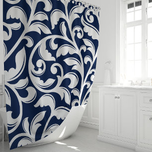 Navy Blau Damast Blumenranke Duschvorhang