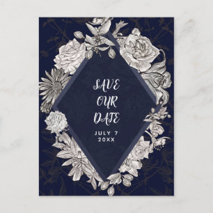 Navy-Blau Diamant Vintage Blumen Hochzeitseinladun Ankündigungspostkarte