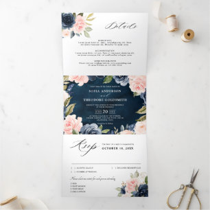 Navy-Blau Dusty Blush Pink Floral Hochzeit Tri-Fol Dreifach Gefaltete Ankündigung
