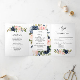 Navy Blau Dusty Blush Pink Florales Hochzeits-Tri- Dreifach Gefaltete Ankündigung
