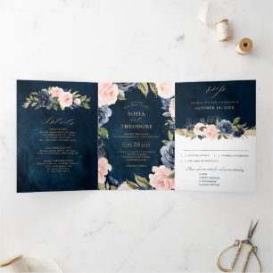 Navy-Blau Dusty Blush Rosa Florale Hochzeit Tri-Fo Dreifach Gefaltete Ankündigung