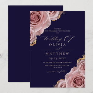 Navy Blau & Dusty Roses Elegante Moderne Hochzeit Einladung