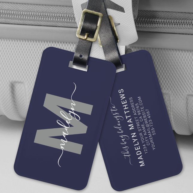 Navy Blau Einfaches Modernes Monogramm Gepäckanhänger (Navy Blue Elegant Name Monogram Luggage Tag)