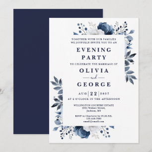 Navy-Blau elegante florale Hochzeitsabendparty Einladung