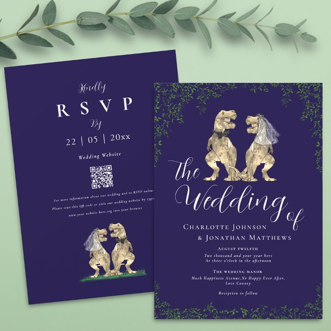 Navy Blau Eleganter Dinosaurier Hochzeits-QR-Code Einladung (Navy blue dinosaur wedding qr code invitation Elegant script boho eucalyptus foliage T-Rex )