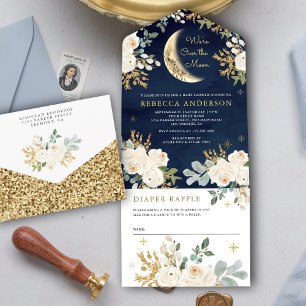 Navy Blau Elfenbein Gold Blumen Boho Mond Babypart All In One Einladung