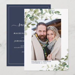 Navy Blau Eukalyptus Hochzeitsfoto Save the Date