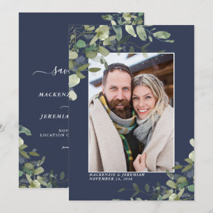 Navy Blau Eukalyptus Hochzeitsfoto Save the Date
