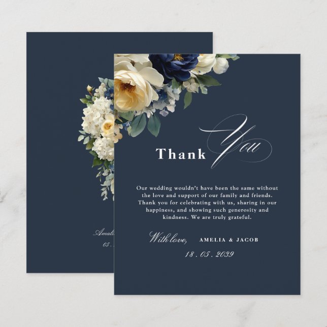 Navy Blau Floral & Pfingstrosen Hochzeits-Dankesch Einladung (Vorne/Hinten)
