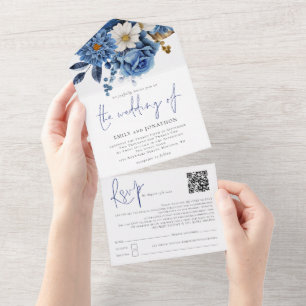 Navy Blau Floral QR Code Schrift Hochzeit All In One Einladung