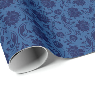 Navy-Blau Florale Damastmuster Dunkelblauer Hinter Geschenkpapier