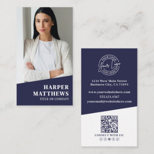 Navy Blau Foto QR Code Logo Vertikal Visitenkarte