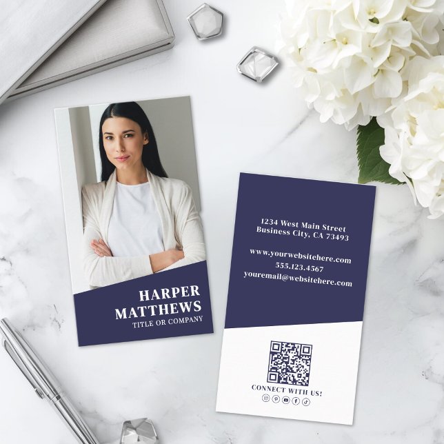 Navy Blau Foto QR Code Vertikal Visitenkarte (Navy Blue Photo QR Code Vertical Business Card )