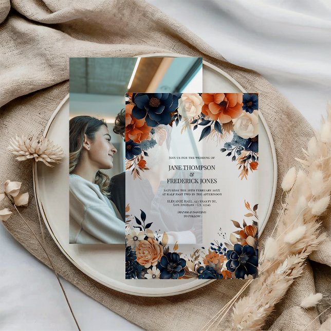 Navy Blau, Gebranntes Orange und Champagner Blumen (Navy Blue, Burnt Orange & Champagne Floral Wedding Vellum Invitations)