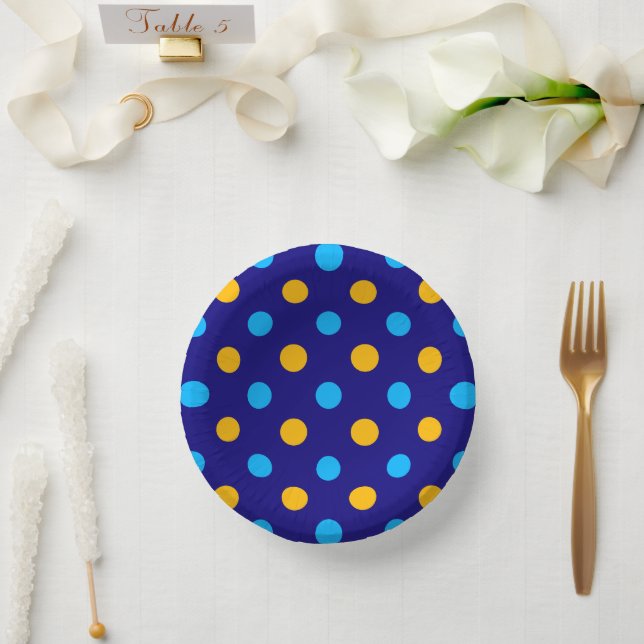Navy Blau Gelb Cyan Punkte Design  Pappteller (Hochzeit)