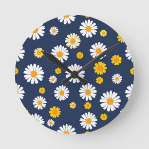 Navy Blau Gelbe Gänseblümchen Florale Einfache Ret Runde Wanduhr