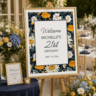 Navy Blau Gelbe Weiße Gänseblümchen Geburtstags-Wi Poster
