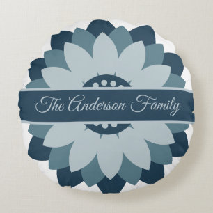 Navy Blau Geometrisches Florales Medaillon Abstrac Rundes Kissen