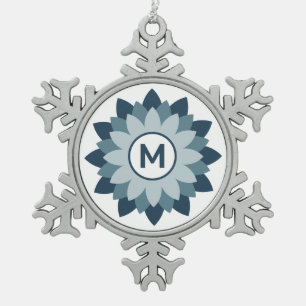 Navy Blau Geometrisches Florales Medaillon Abstrac Schneeflocken Zinn-Ornament