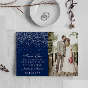 Navy Blau & Glam Silber Konfetti Hochzeitsfoto Dankeskarte