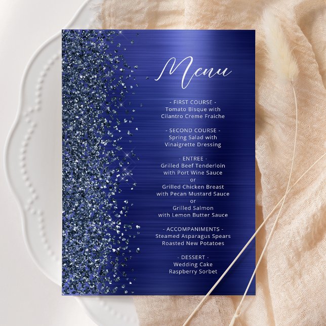 Navy-Blau Glamour Glitter Schrift Hochzeit Menükarte (Von Creator hochgeladen)